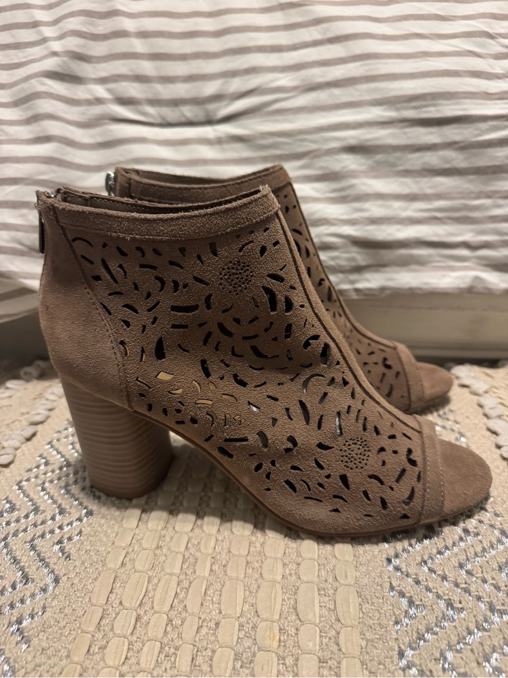 American Rag Brown Suede-Look Laser Cut Peep-Toe Block Heel Booties